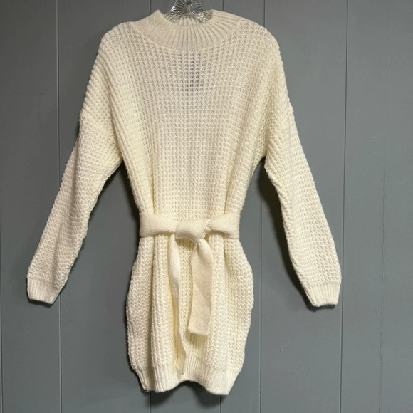 NWT PRETTYLITTLETHING Cream Waffle Knitted Jumper Dress Tie Belt Cozy Size Small - Picture 1 of 9